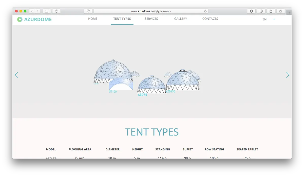 Azurdome responsive website showing a geodesic event structure and product navigation