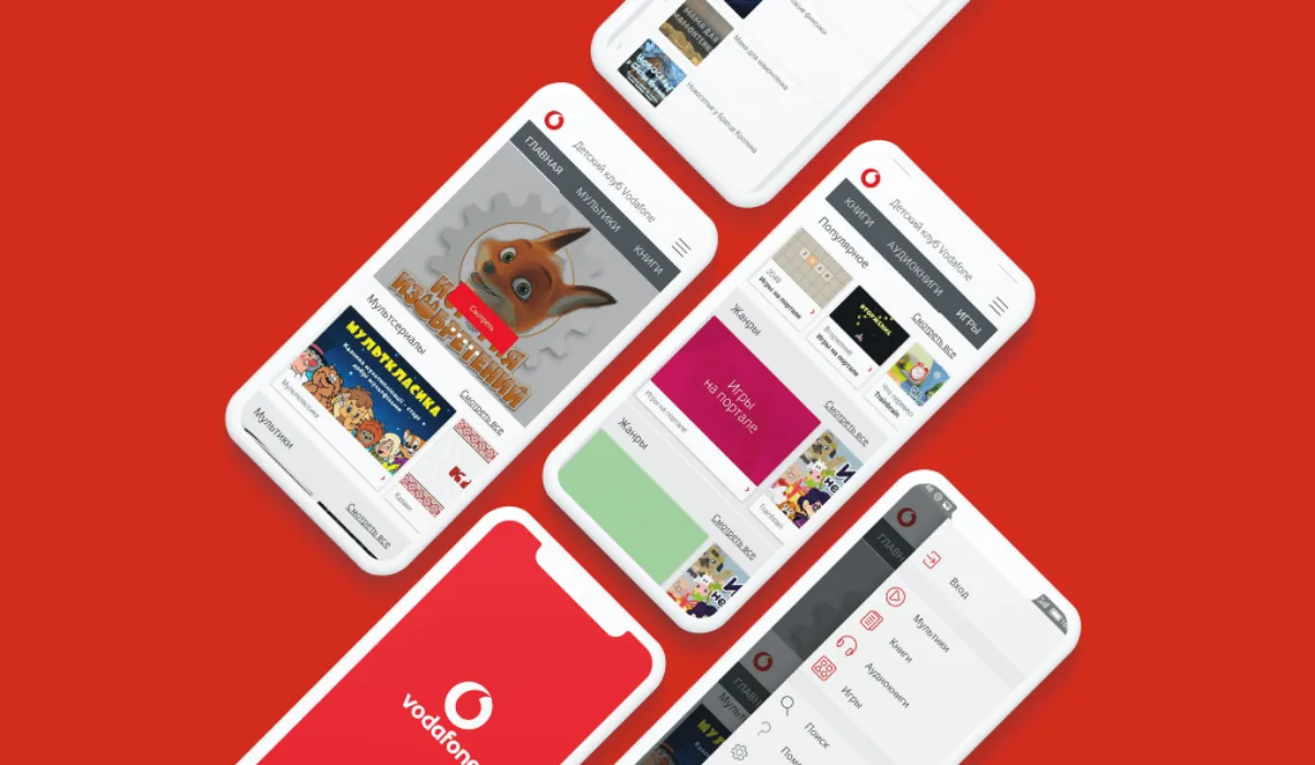 Kids app screens on phones over a red background: cartoons, books, audiobooks, games, and the side menu