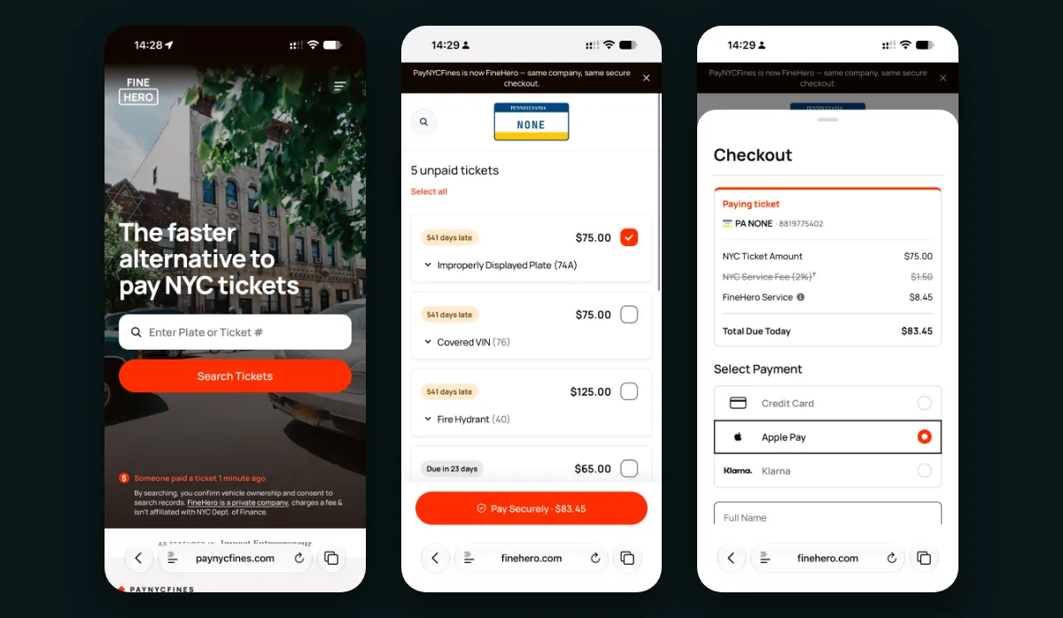 Three PayNYCFines phone screens: plate search, a list of unpaid tickets, and checkout