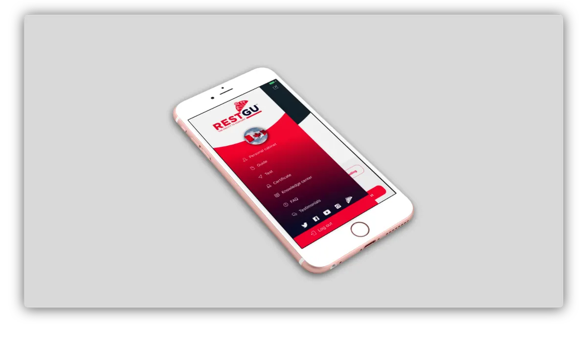 RestGu iOS app screen with guide, test, certificate, and knowledge centre links